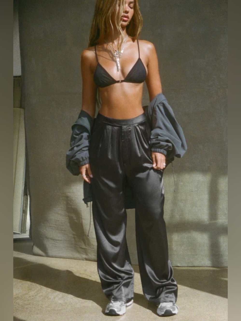 Joah Brown Relaxed Silk Trousers In Iron/Gray/Black Wide Leg Streetwear SZ XS